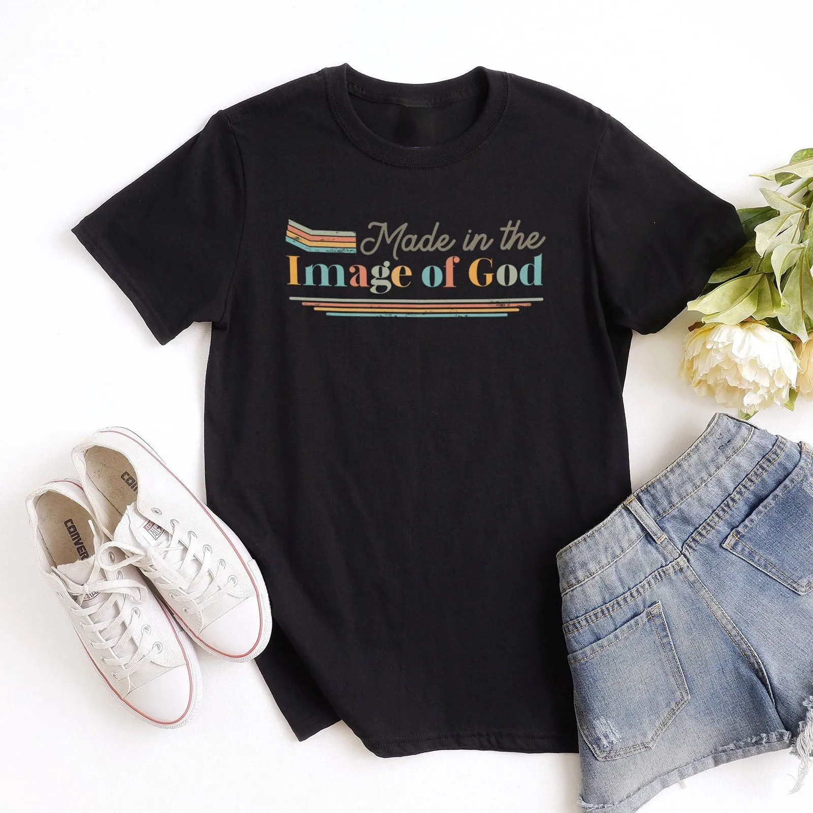 Retro Made in the image of God Tee Shirts For Women - Christian Shirts for Women - Religious Tee Shirts