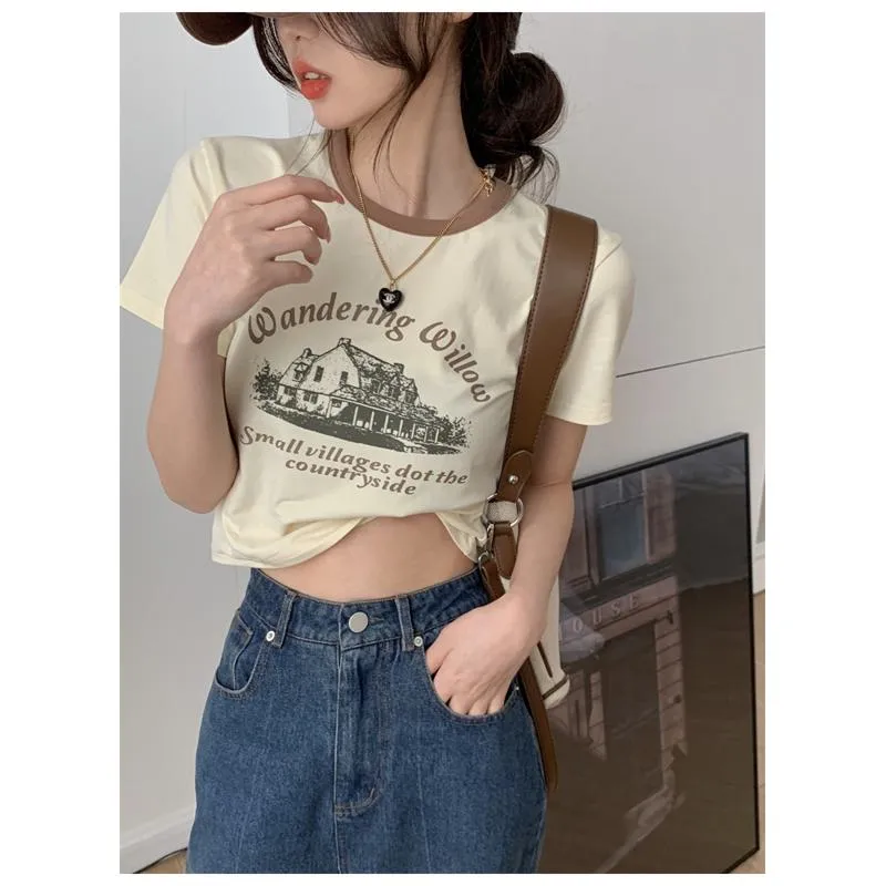 Retro Print Color Blocking Niche Round Neck Short Sleeve Tee