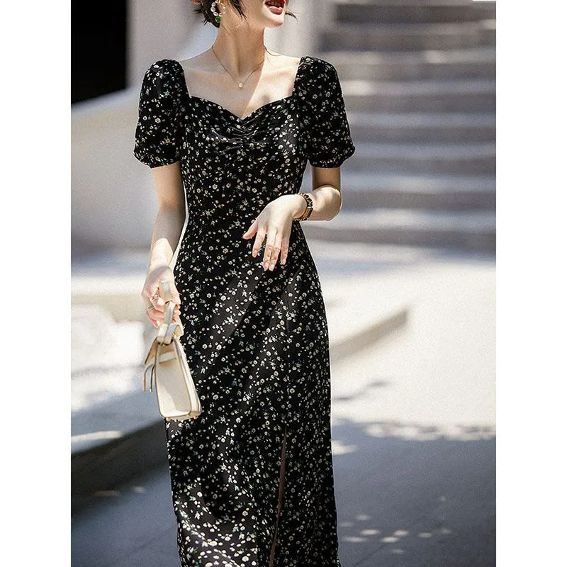 Retro Split Square Collar Floral Print Versatile Slim-Fit Dress