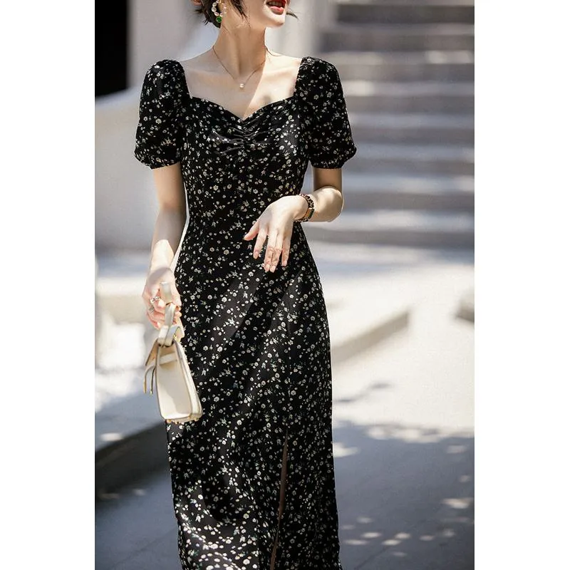 Retro Split Square Collar Floral Print Versatile Slim-Fit Dress