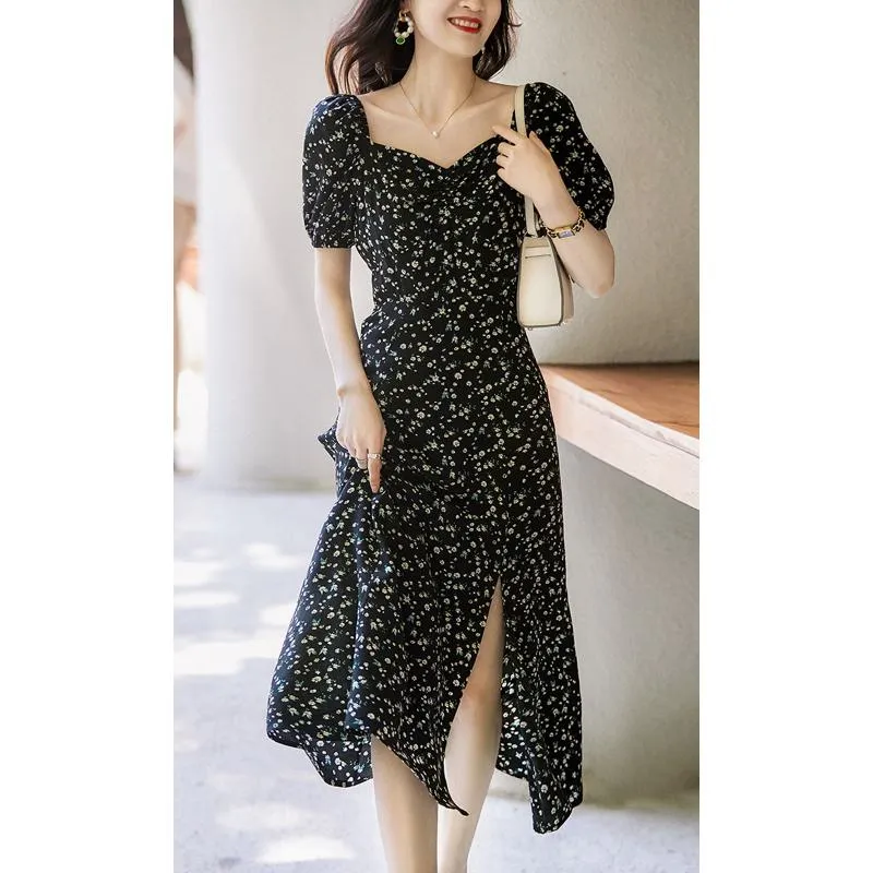 Retro Split Square Collar Floral Print Versatile Slim-Fit Dress