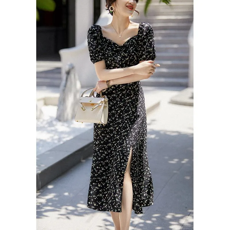 Retro Split Square Collar Floral Print Versatile Slim-Fit Dress