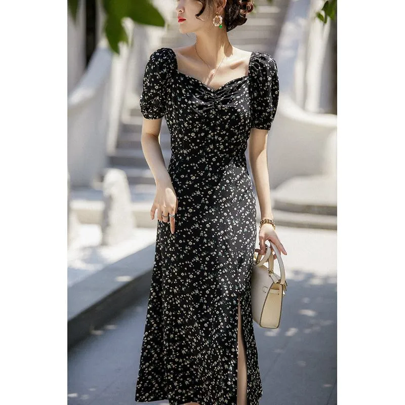 Retro Split Square Collar Floral Print Versatile Slim-Fit Dress