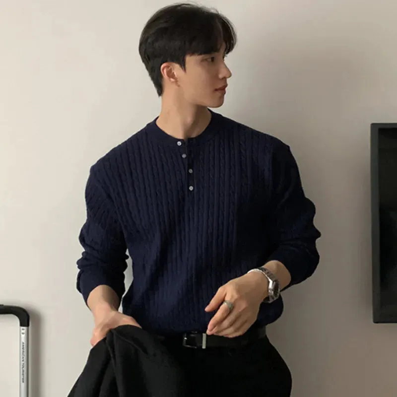 Round Collar Male Pullover Sweaters Casual Button Solid Color Warm Men Knitting Pullovers Korean Stylish Spring 9C4835