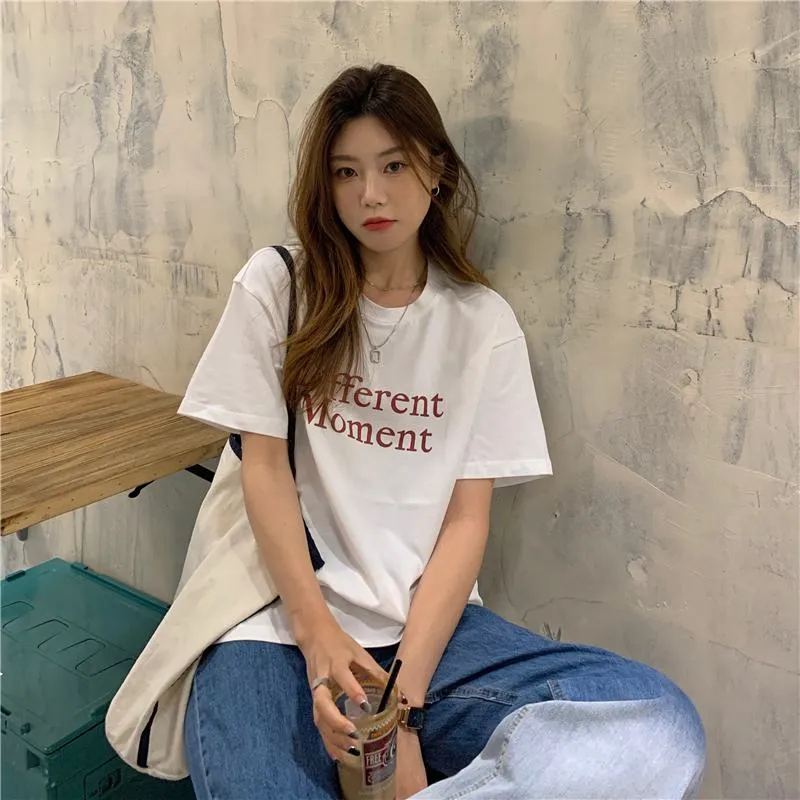 Round Neck Letter Print Pullover Versatile Short Sleeve Tee