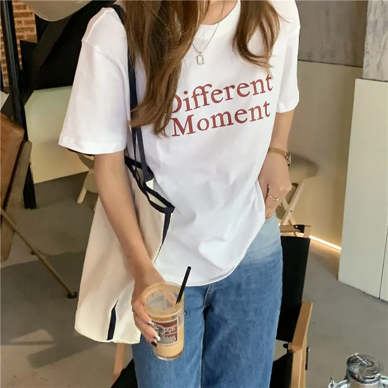 Round Neck Letter Print Pullover Versatile Short Sleeve Tee