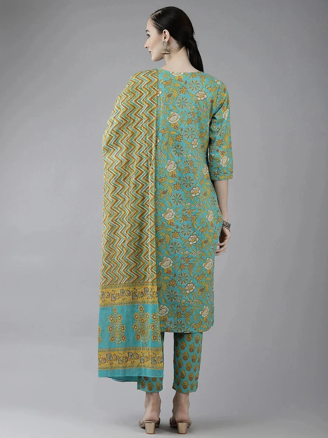 Sea Green Printed Cotton Dupatta Set