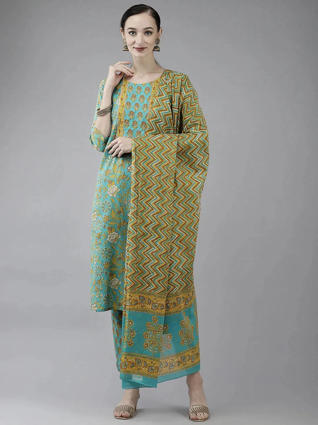 Sea Green Printed Cotton Dupatta Set