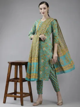 Sea Green Printed Cotton Dupatta Set