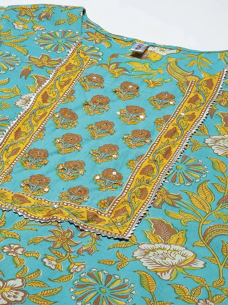 Sea Green Printed Cotton Dupatta Set