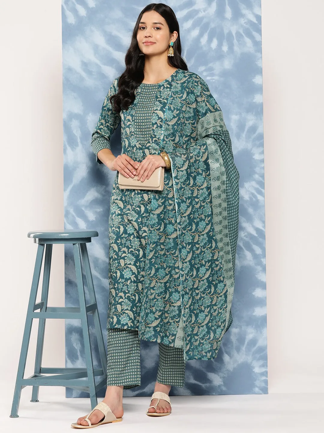 Sequinned Cotton Kurta Dupatta Set