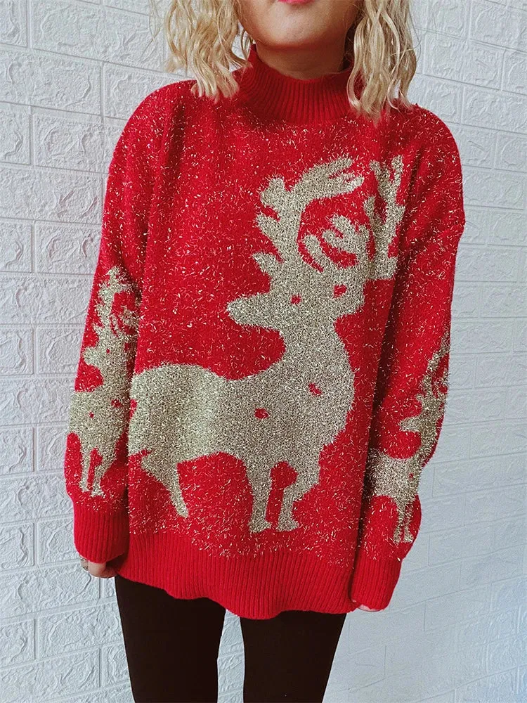 Shiny Loose O-Neck Christmas Sweater - Autumn/Winter Fashion