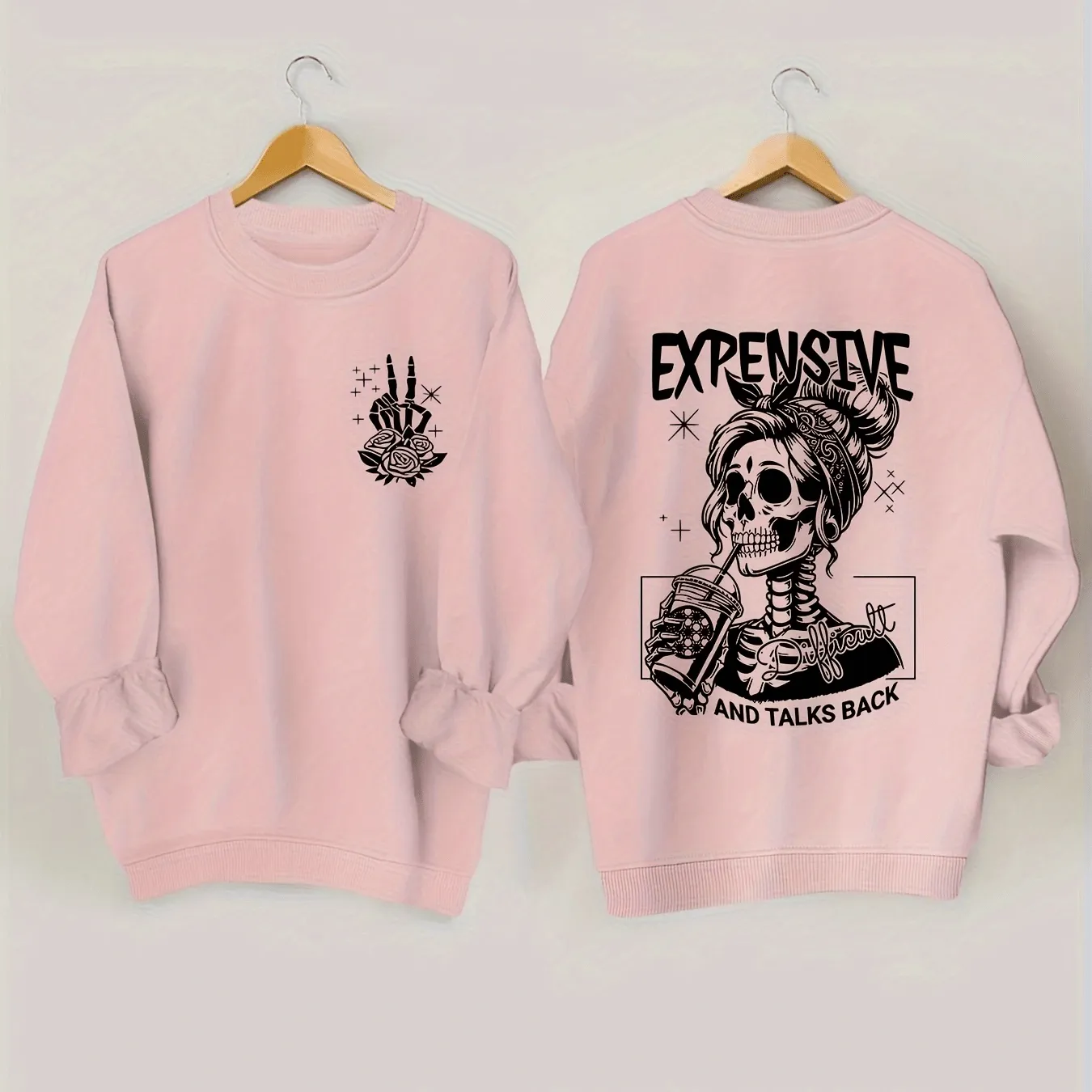 Skull Pattern Long Sleeve Crew Neck Sweatshirt - Fashion Sweatshirts for Women - Comfortable Casual Wear for Fall and Spring Season - Soft and Cozy Fleece Lined Design