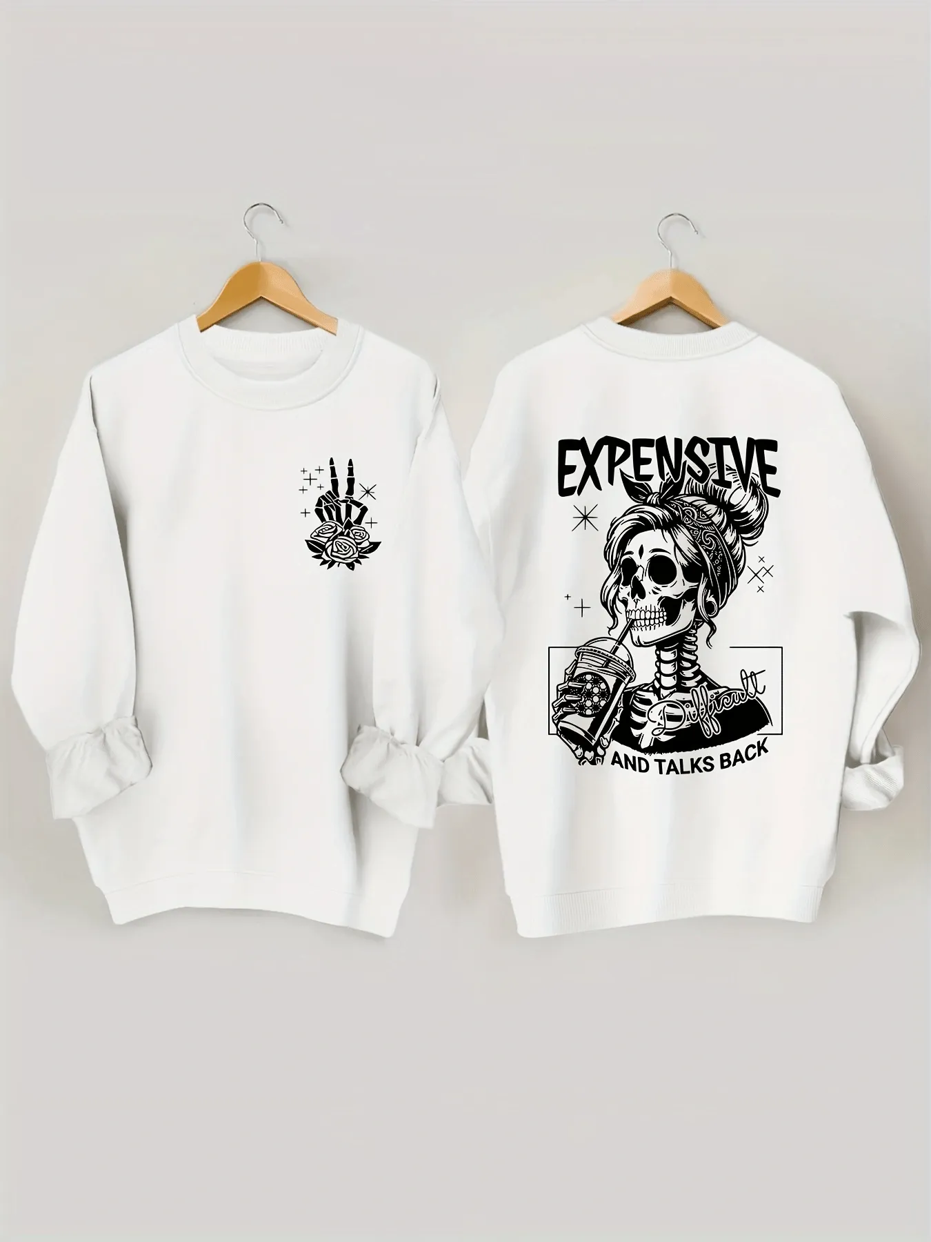 Skull Pattern Long Sleeve Crew Neck Sweatshirt - Fashion Sweatshirts for Women - Comfortable Casual Wear for Fall and Spring Season - Soft and Cozy Fleece Lined Design