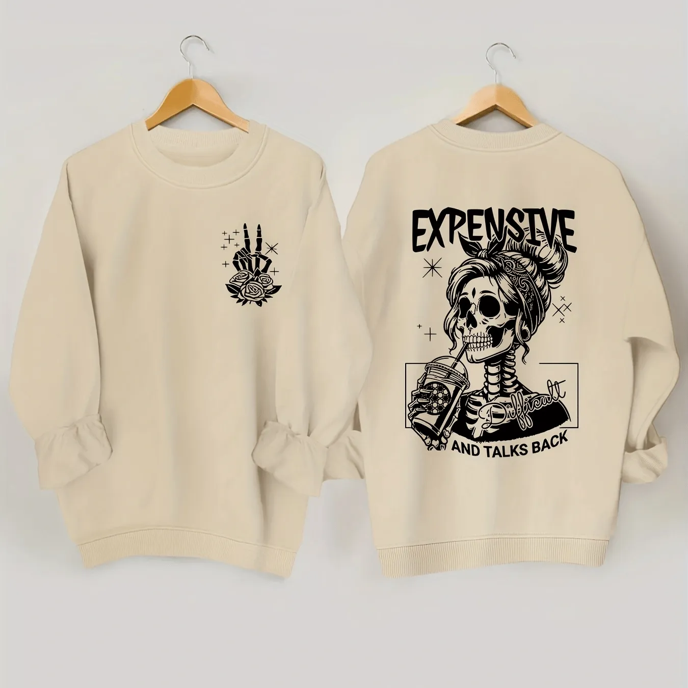 Skull Pattern Long Sleeve Crew Neck Sweatshirt - Fashion Sweatshirts for Women - Comfortable Casual Wear for Fall and Spring Season - Soft and Cozy Fleece Lined Design