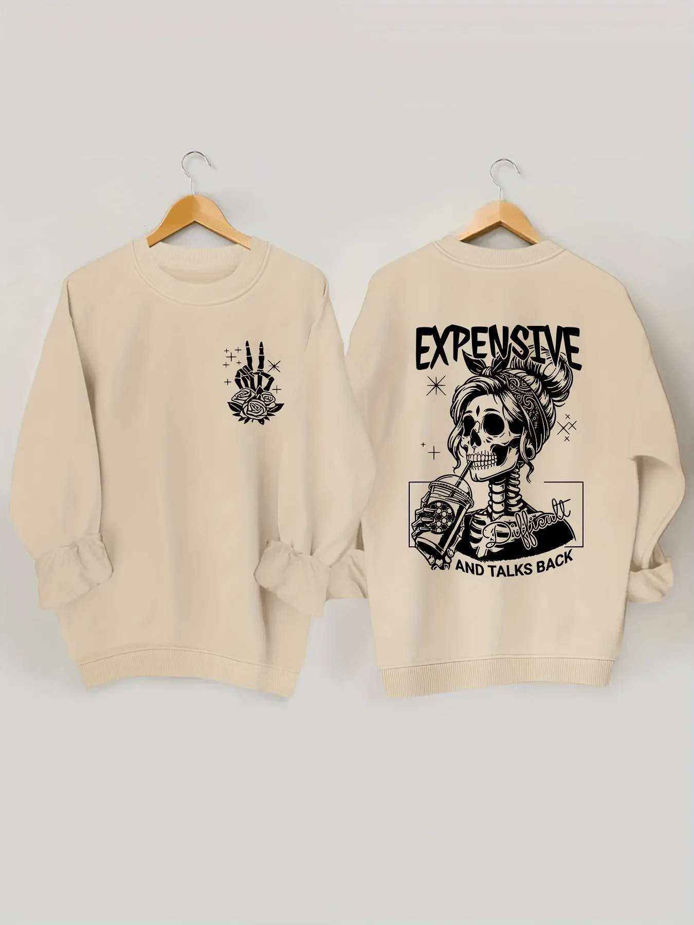 Skull Pattern Long Sleeve Crew Neck Sweatshirt - Fashion Sweatshirts for Women - Comfortable Casual Wear for Fall and Spring Season - Soft and Cozy Fleece Lined Design