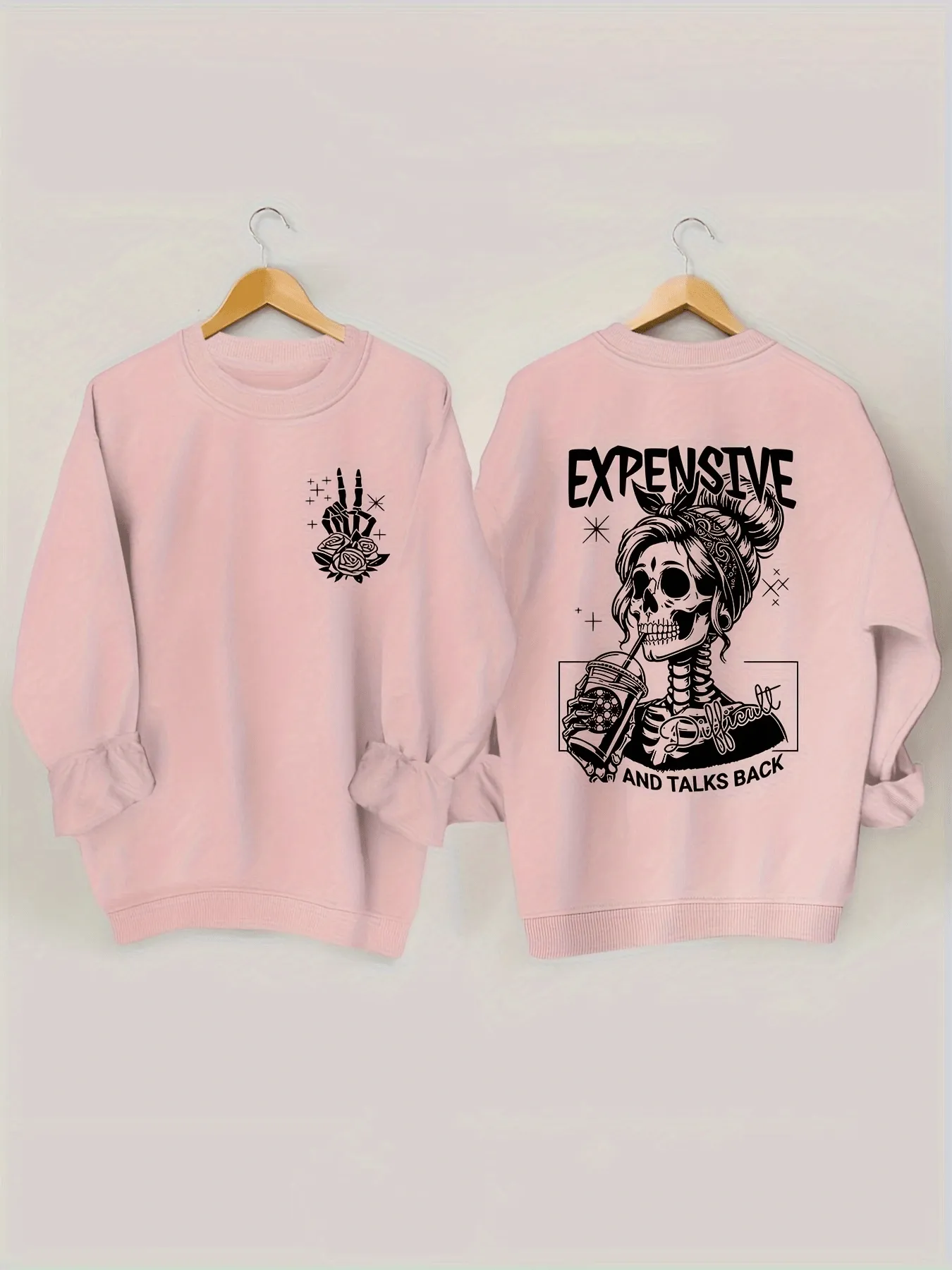 Skull Pattern Long Sleeve Crew Neck Sweatshirt - Fashion Sweatshirts for Women - Comfortable Casual Wear for Fall and Spring Season - Soft and Cozy Fleece Lined Design