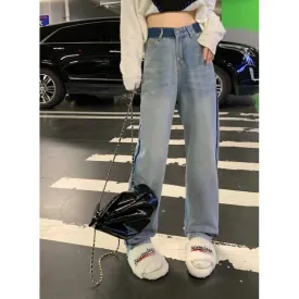 Slimming Floor-Length Loose Fit Color Blocking Straight Jeans