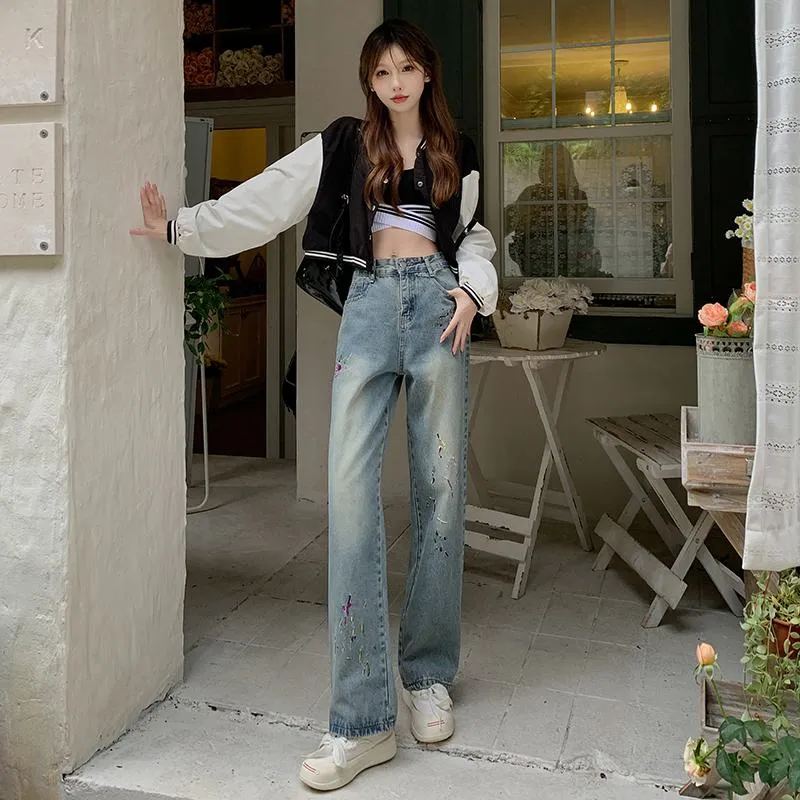 Slimming Worn-Out Look Washed Out Straight Light-Colored High-Waisted Embroidery Retro Jeans