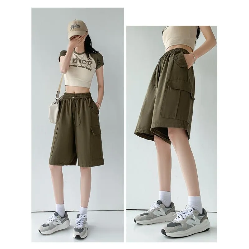 Solid Drawstring Waist Flap Pocket Loose-Fit High-Waisted Wide-Leg Workwear Shorts