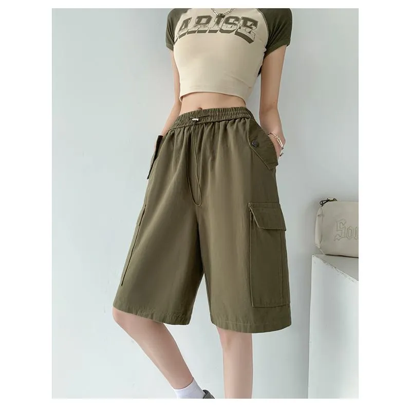 Solid Drawstring Waist Flap Pocket Loose-Fit High-Waisted Wide-Leg Workwear Shorts