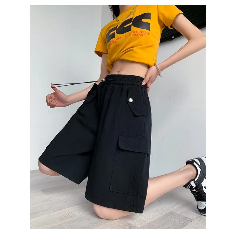 Solid Drawstring Waist Flap Pocket Loose-Fit High-Waisted Wide-Leg Workwear Shorts