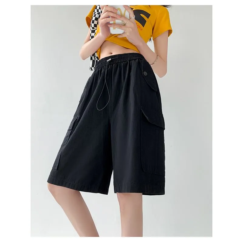 Solid Drawstring Waist Flap Pocket Loose-Fit High-Waisted Wide-Leg Workwear Shorts