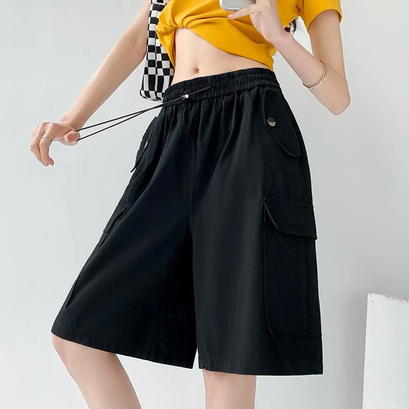 Solid Drawstring Waist Flap Pocket Loose-Fit High-Waisted Wide-Leg Workwear Shorts