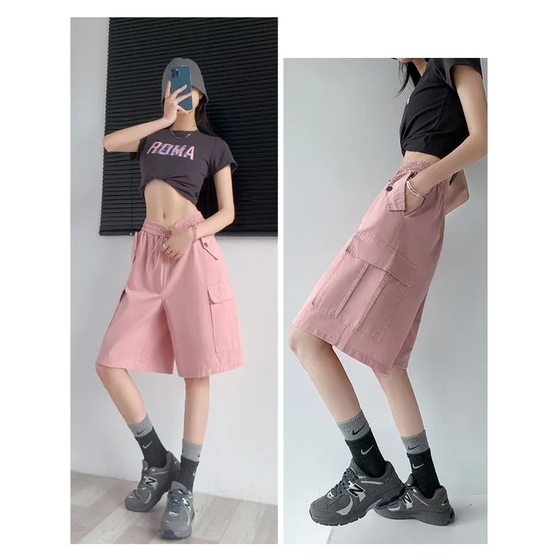 Solid Drawstring Waist Flap Pocket Loose-Fit High-Waisted Wide-Leg Workwear Shorts