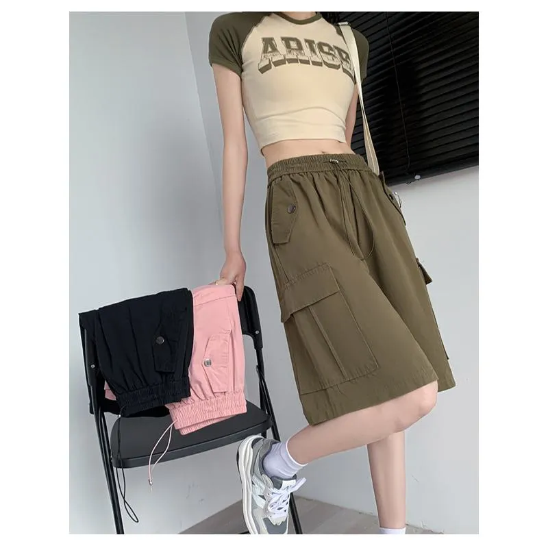 Solid Drawstring Waist Flap Pocket Loose-Fit High-Waisted Wide-Leg Workwear Shorts