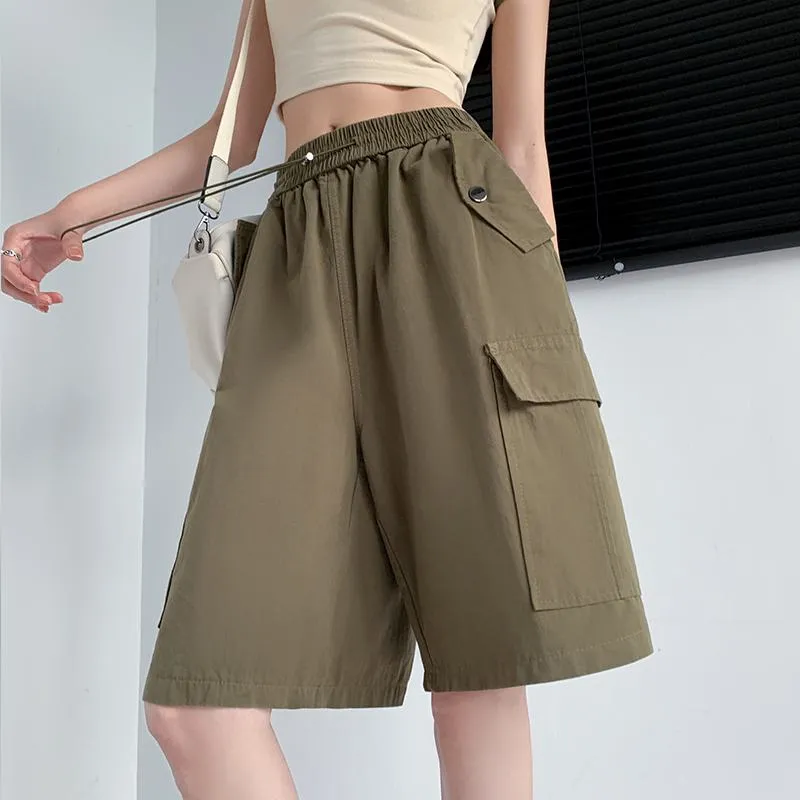 Solid Drawstring Waist Flap Pocket Loose-Fit High-Waisted Wide-Leg Workwear Shorts