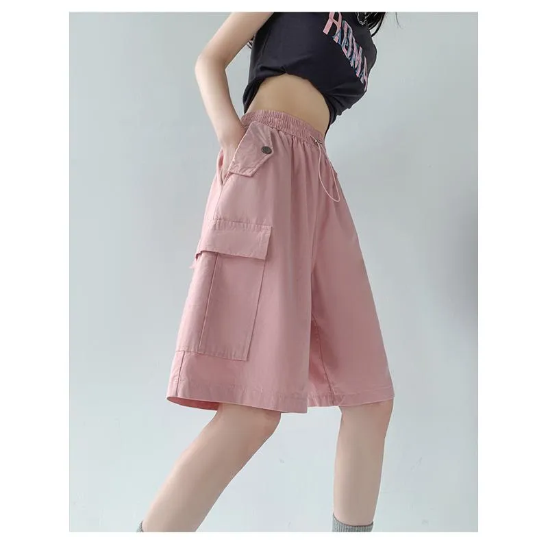 Solid Drawstring Waist Flap Pocket Loose-Fit High-Waisted Wide-Leg Workwear Shorts