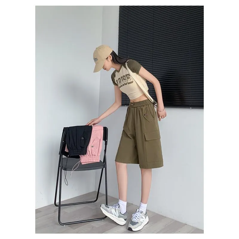 Solid Drawstring Waist Flap Pocket Loose-Fit High-Waisted Wide-Leg Workwear Shorts