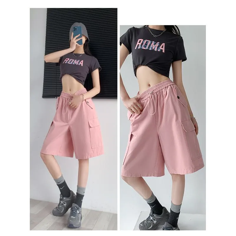 Solid Drawstring Waist Flap Pocket Loose-Fit High-Waisted Wide-Leg Workwear Shorts