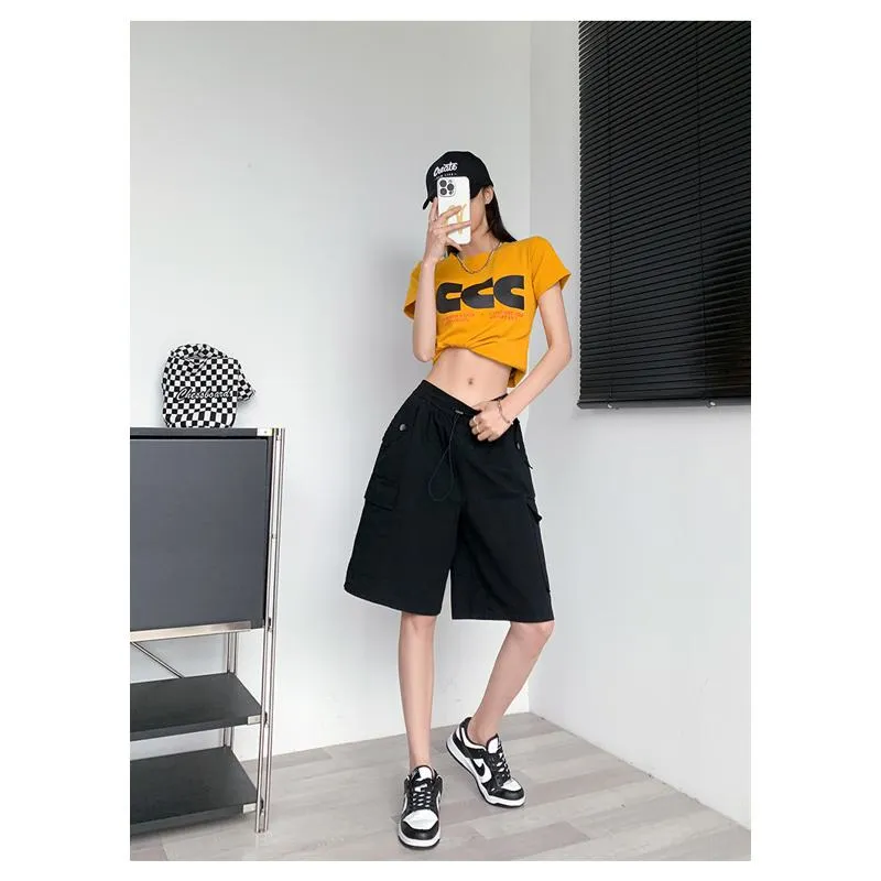 Solid Drawstring Waist Flap Pocket Loose-Fit High-Waisted Wide-Leg Workwear Shorts