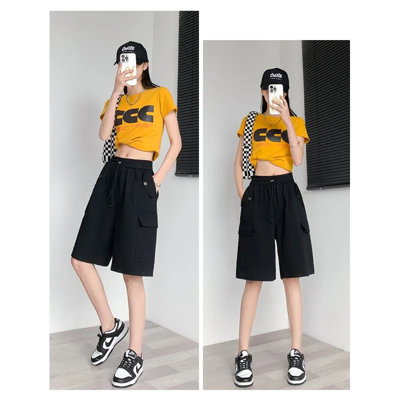 Solid Drawstring Waist Flap Pocket Loose-Fit High-Waisted Wide-Leg Workwear Shorts