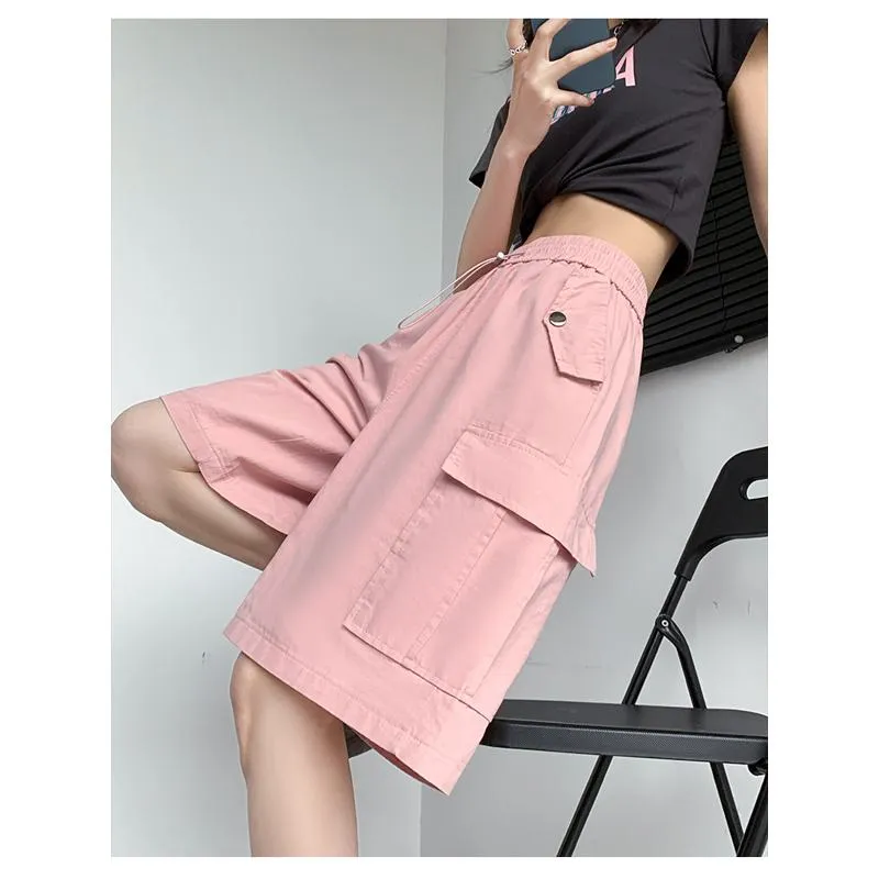 Solid Drawstring Waist Flap Pocket Loose-Fit High-Waisted Wide-Leg Workwear Shorts