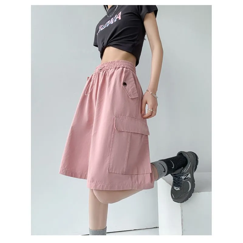 Solid Drawstring Waist Flap Pocket Loose-Fit High-Waisted Wide-Leg Workwear Shorts