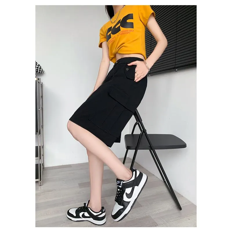 Solid Drawstring Waist Flap Pocket Loose-Fit High-Waisted Wide-Leg Workwear Shorts