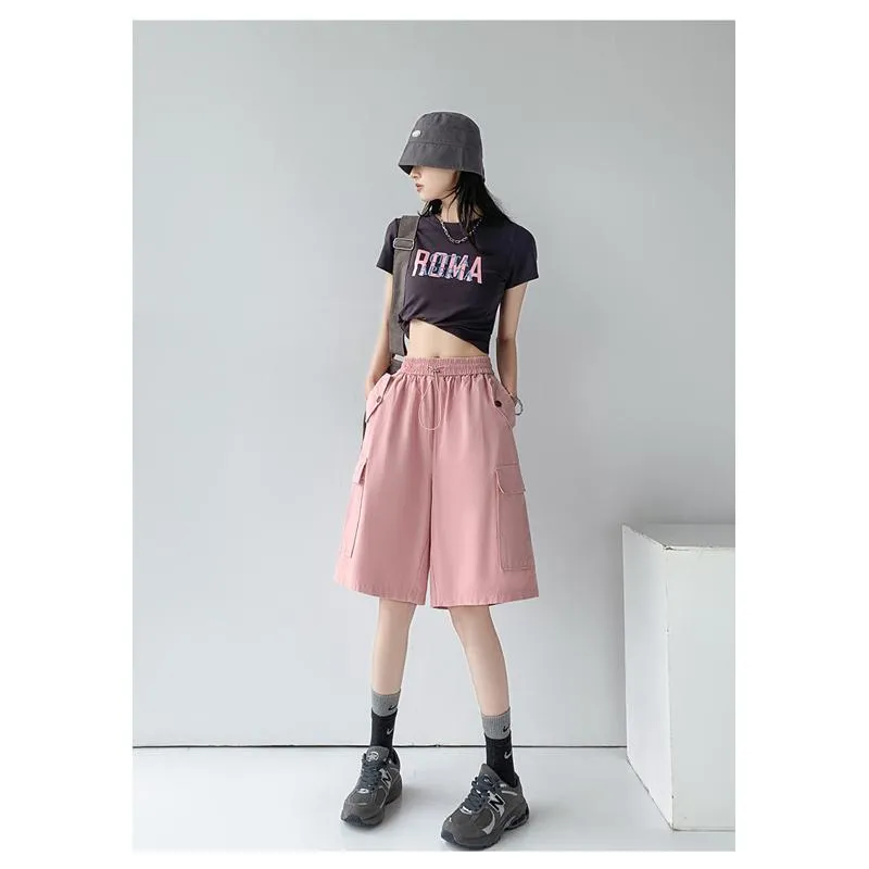 Solid Drawstring Waist Flap Pocket Loose-Fit High-Waisted Wide-Leg Workwear Shorts