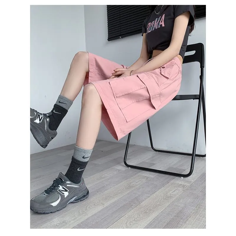 Solid Drawstring Waist Flap Pocket Loose-Fit High-Waisted Wide-Leg Workwear Shorts