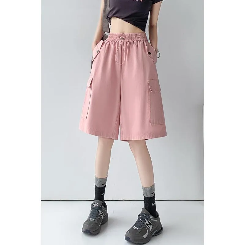 Solid Drawstring Waist Flap Pocket Loose-Fit High-Waisted Wide-Leg Workwear Shorts