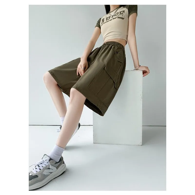 Solid Drawstring Waist Flap Pocket Loose-Fit High-Waisted Wide-Leg Workwear Shorts