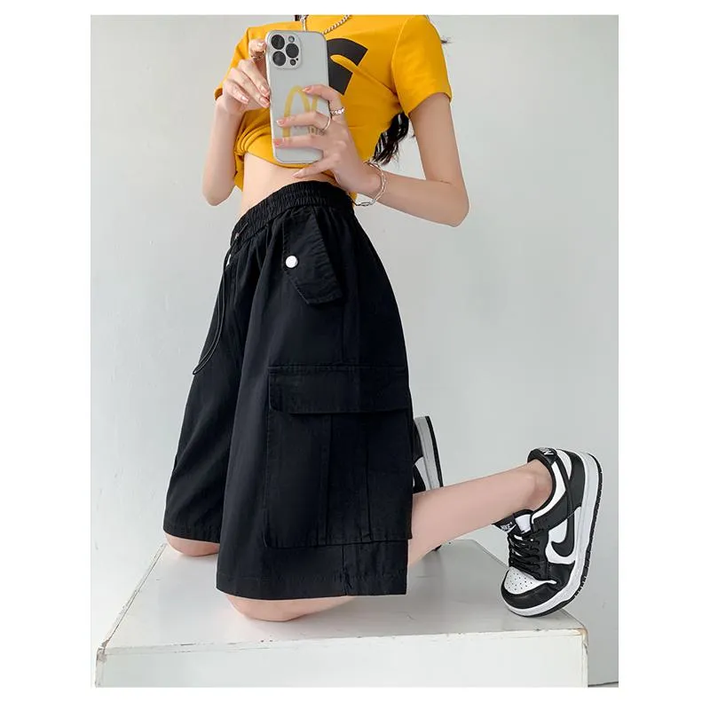 Solid Drawstring Waist Flap Pocket Loose-Fit High-Waisted Wide-Leg Workwear Shorts