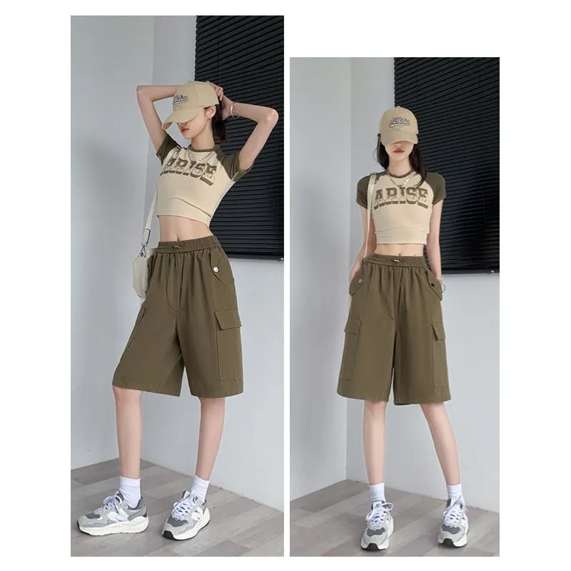 Solid Drawstring Waist Flap Pocket Loose-Fit High-Waisted Wide-Leg Workwear Shorts