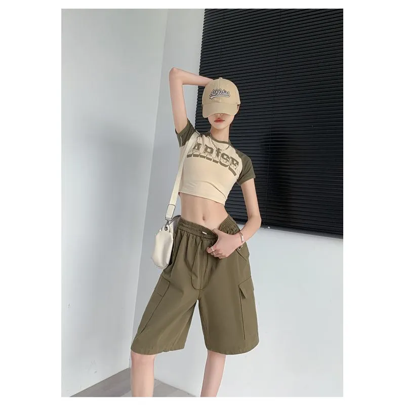 Solid Drawstring Waist Flap Pocket Loose-Fit High-Waisted Wide-Leg Workwear Shorts