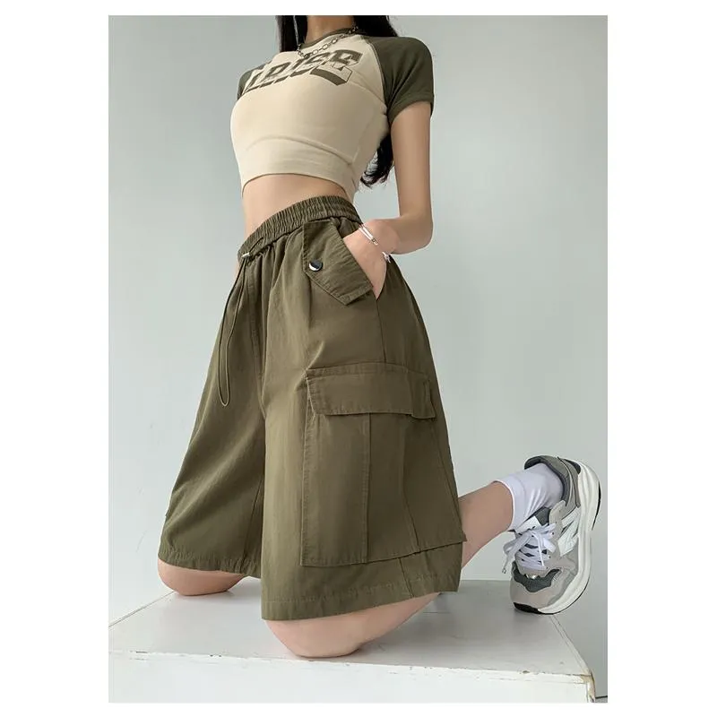 Solid Drawstring Waist Flap Pocket Loose-Fit High-Waisted Wide-Leg Workwear Shorts