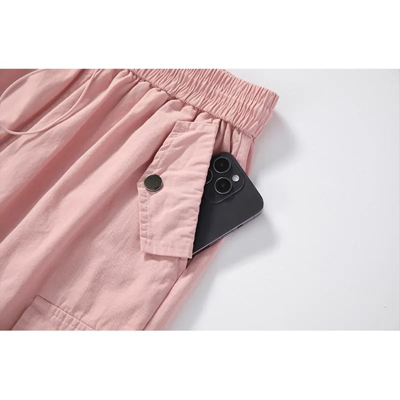 Solid Drawstring Waist Flap Pocket Loose-Fit High-Waisted Wide-Leg Workwear Shorts