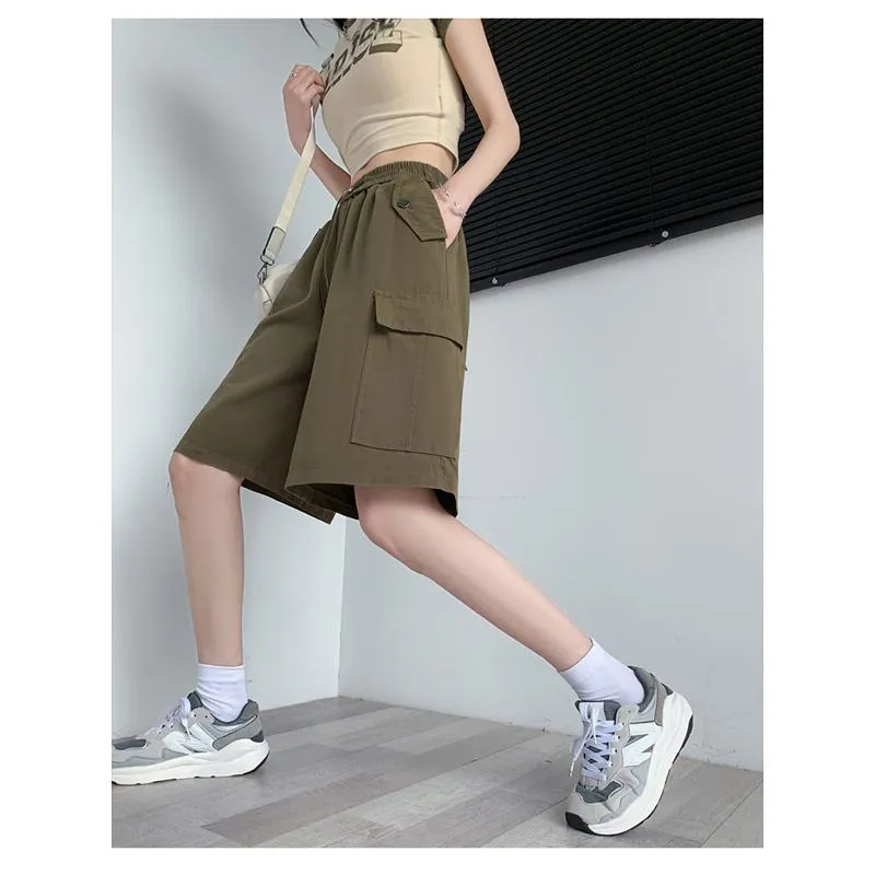 Solid Drawstring Waist Flap Pocket Loose-Fit High-Waisted Wide-Leg Workwear Shorts