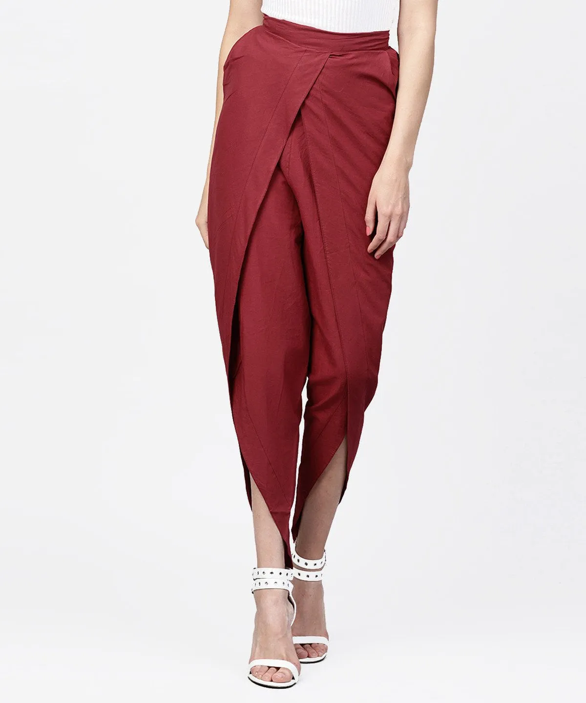 Solid Wine Ankle Length Cotton Tulip Pant